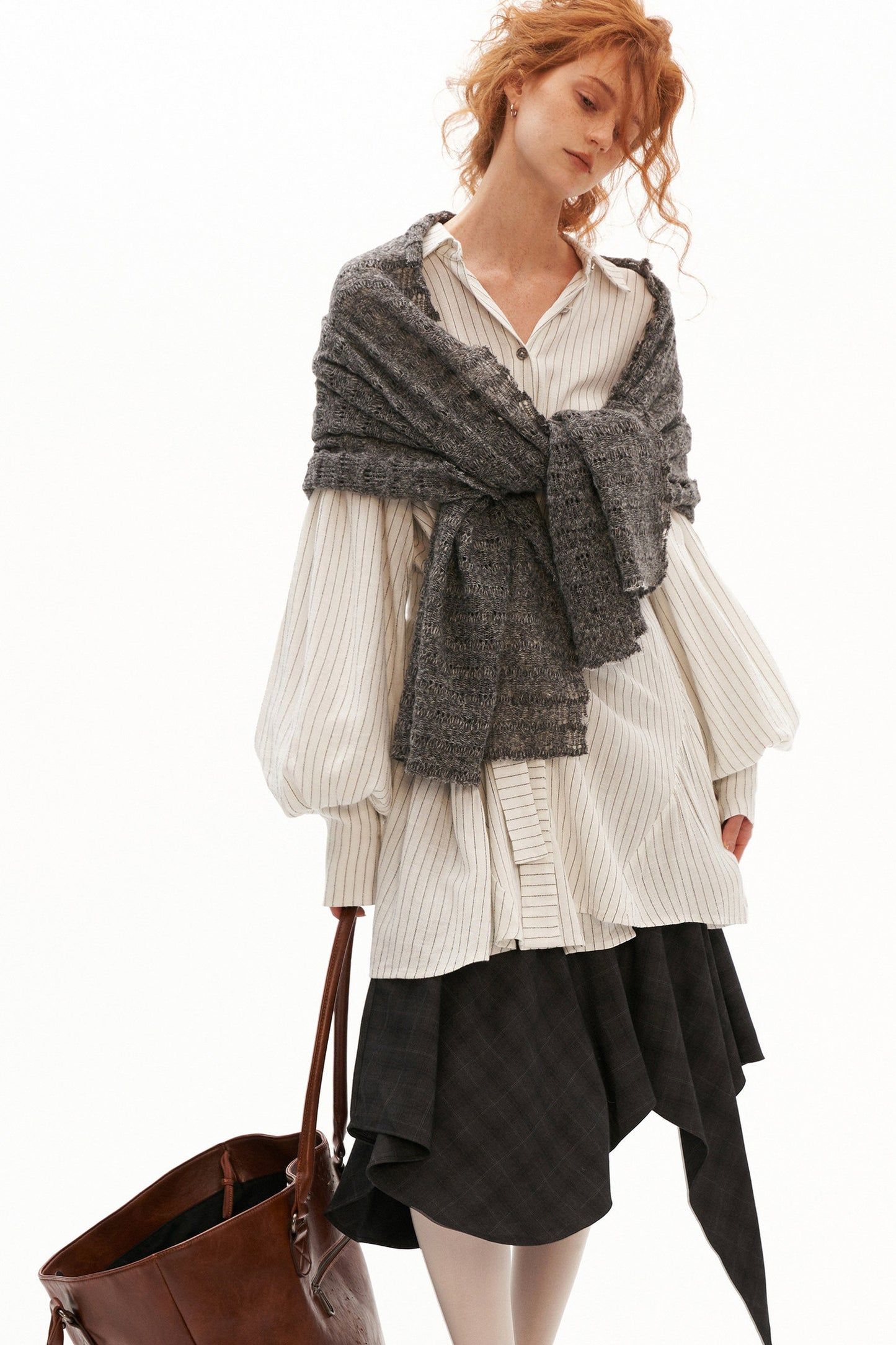 Striped Lantern Sleeve Tie Belt Shirt
