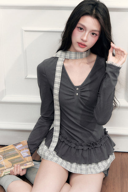 V-Neck Plaid Ruffled T-Shirt and Pants Set-Up