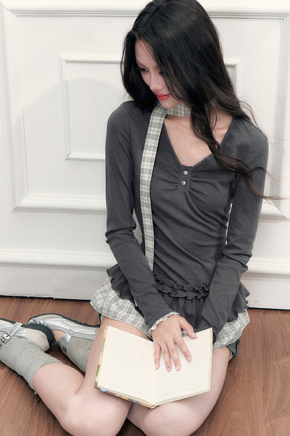 V-Neck Plaid Ruffled T-Shirt and Pants Set-Up