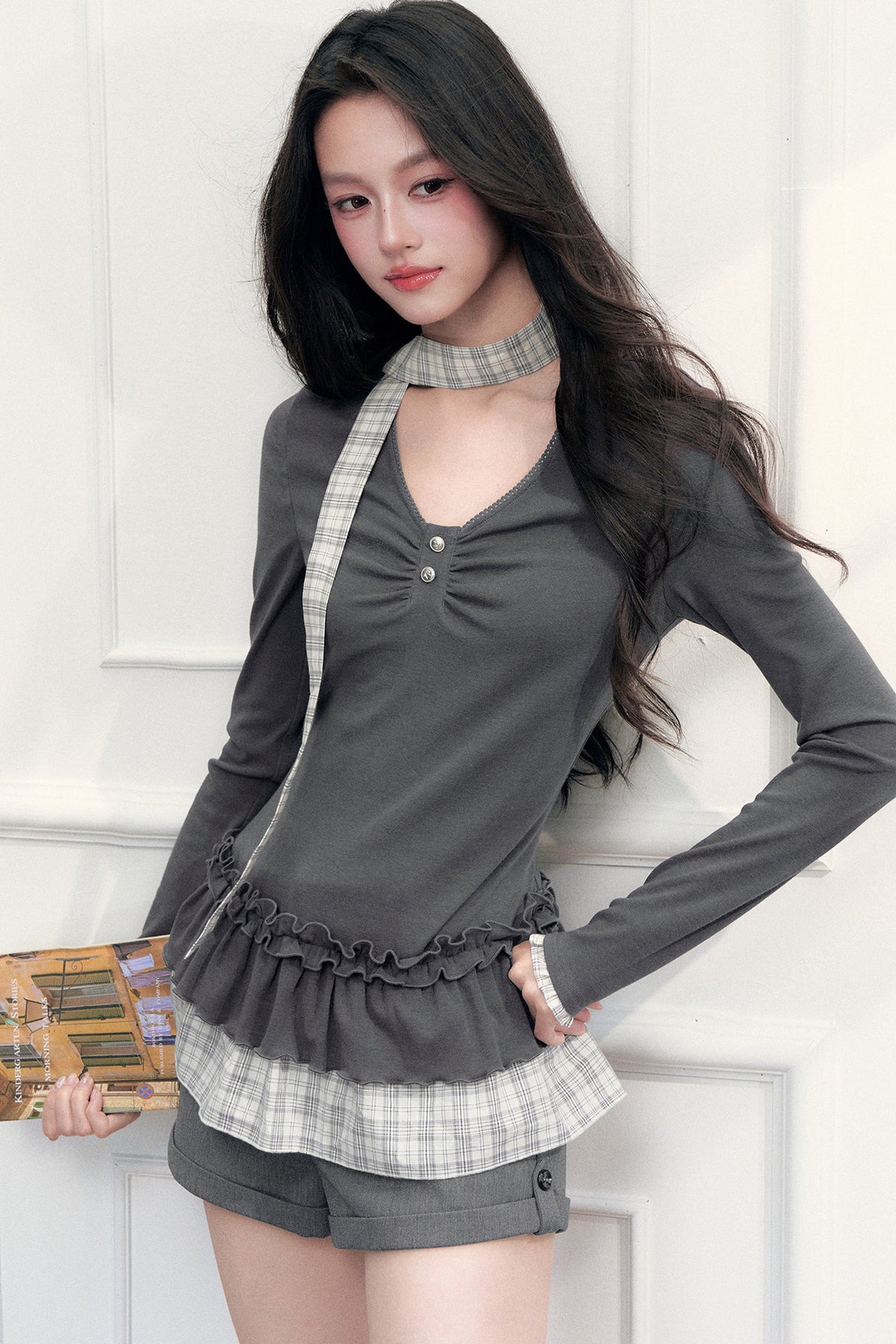 V-Neck Plaid Ruffled T-Shirt and Pants Set-Up