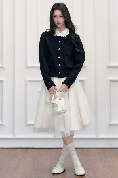 Retro Lapel Patchwork Knit Sweater Set-Up