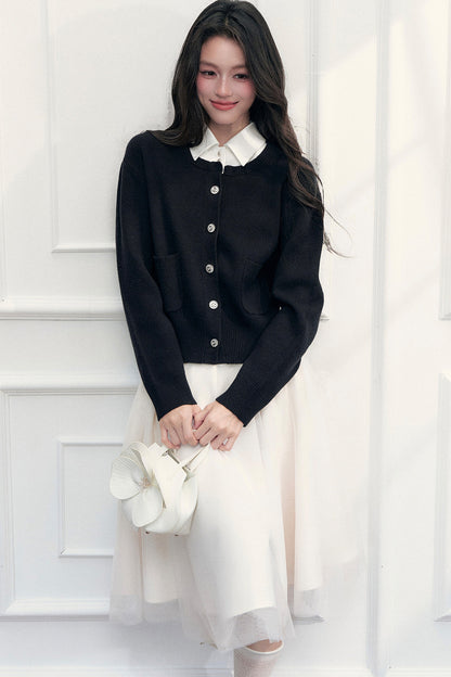 Retro Lapel Patchwork Knit Sweater Set-Up