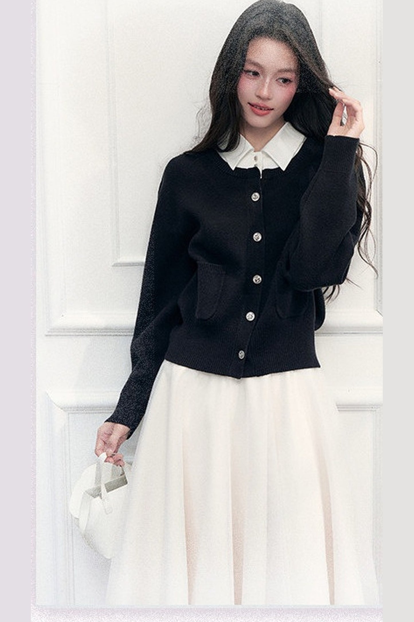 Retro Lapel Patchwork Knit Sweater Set-Up
