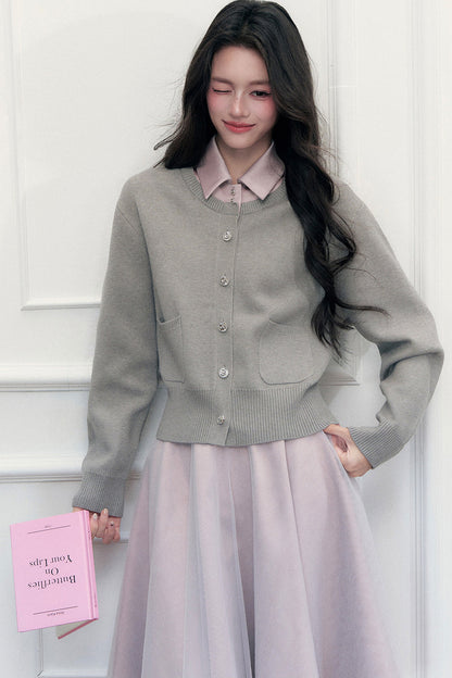 Retro Lapel Patchwork Knit Sweater Set-Up