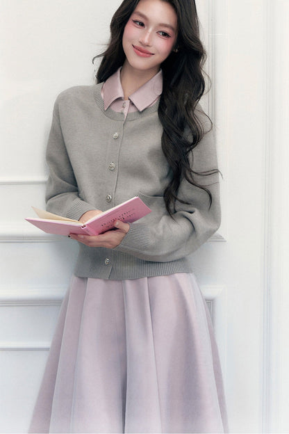 Retro Lapel Patchwork Knit Sweater Set-Up