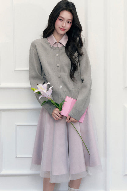Retro Lapel Patchwork Knit Sweater Set-Up
