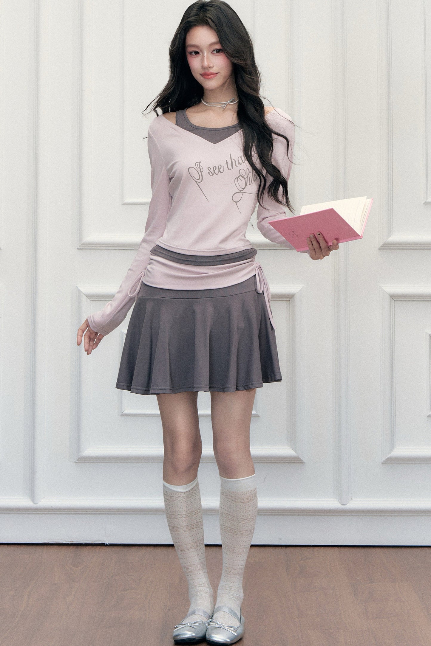 Letter Print T-Shirt with Contrast Drawstring Skirt Set-Up