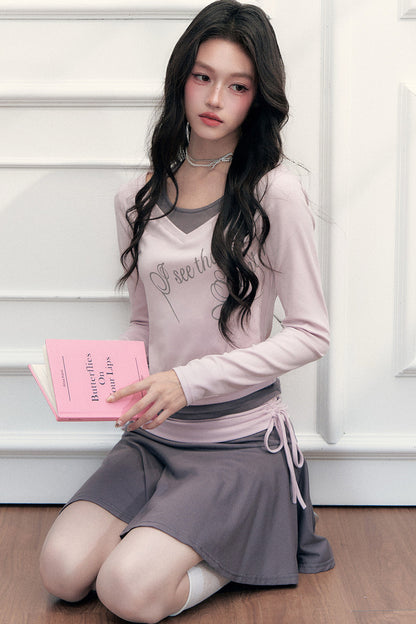 Letter Print T-Shirt with Contrast Drawstring Skirt Set-Up