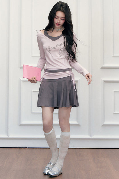 Letter Print T-Shirt with Contrast Drawstring Skirt Set-Up