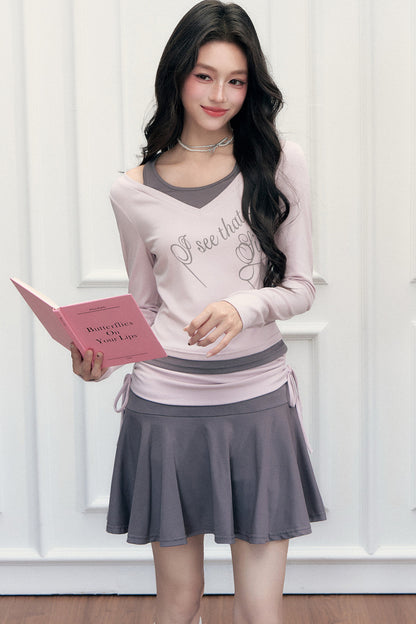 Letter Print T-Shirt with Contrast Drawstring Skirt Set-Up