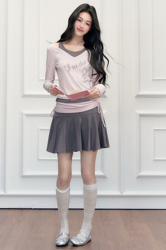 Letter Print T-Shirt with Contrast Drawstring Skirt Set-Up