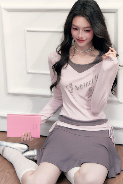 Letter Print T-Shirt with Contrast Drawstring Skirt Set-Up