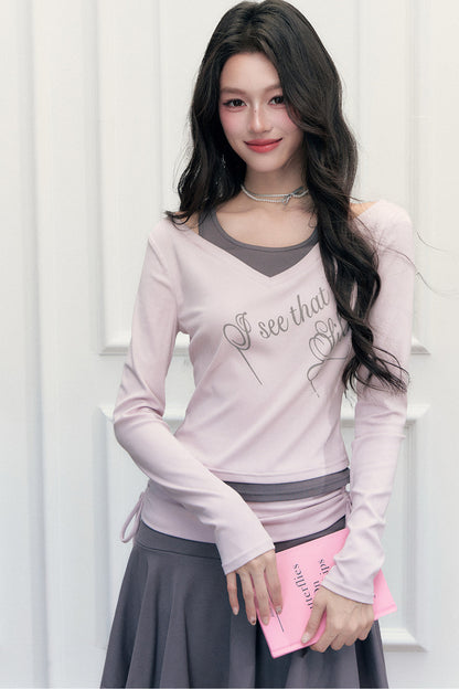 Letter Print T-Shirt with Contrast Drawstring Skirt Set-Up