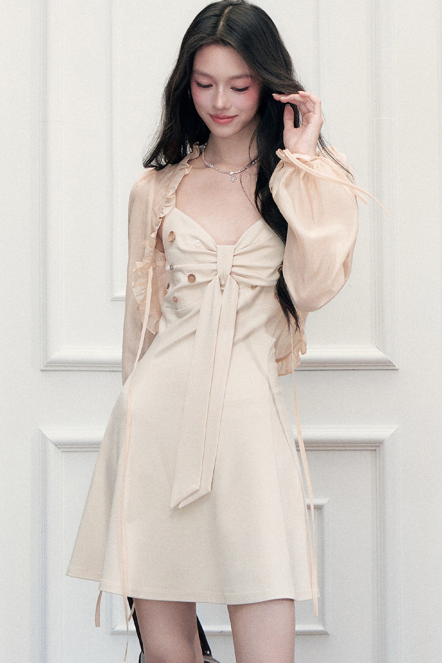 Ruffled Cardigan and V-Neck Dress Set-Up