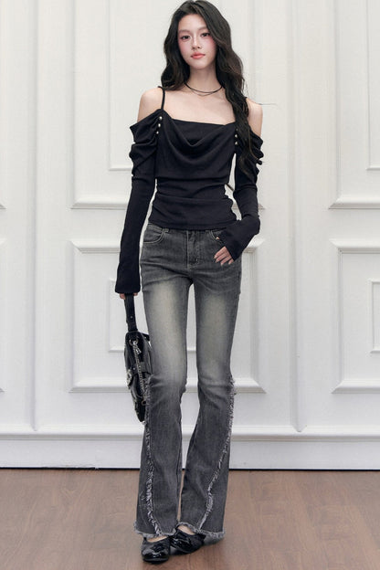 Jean évasé taille haute délavé à franges