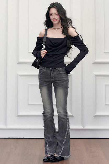 Jean évasé taille haute délavé à franges