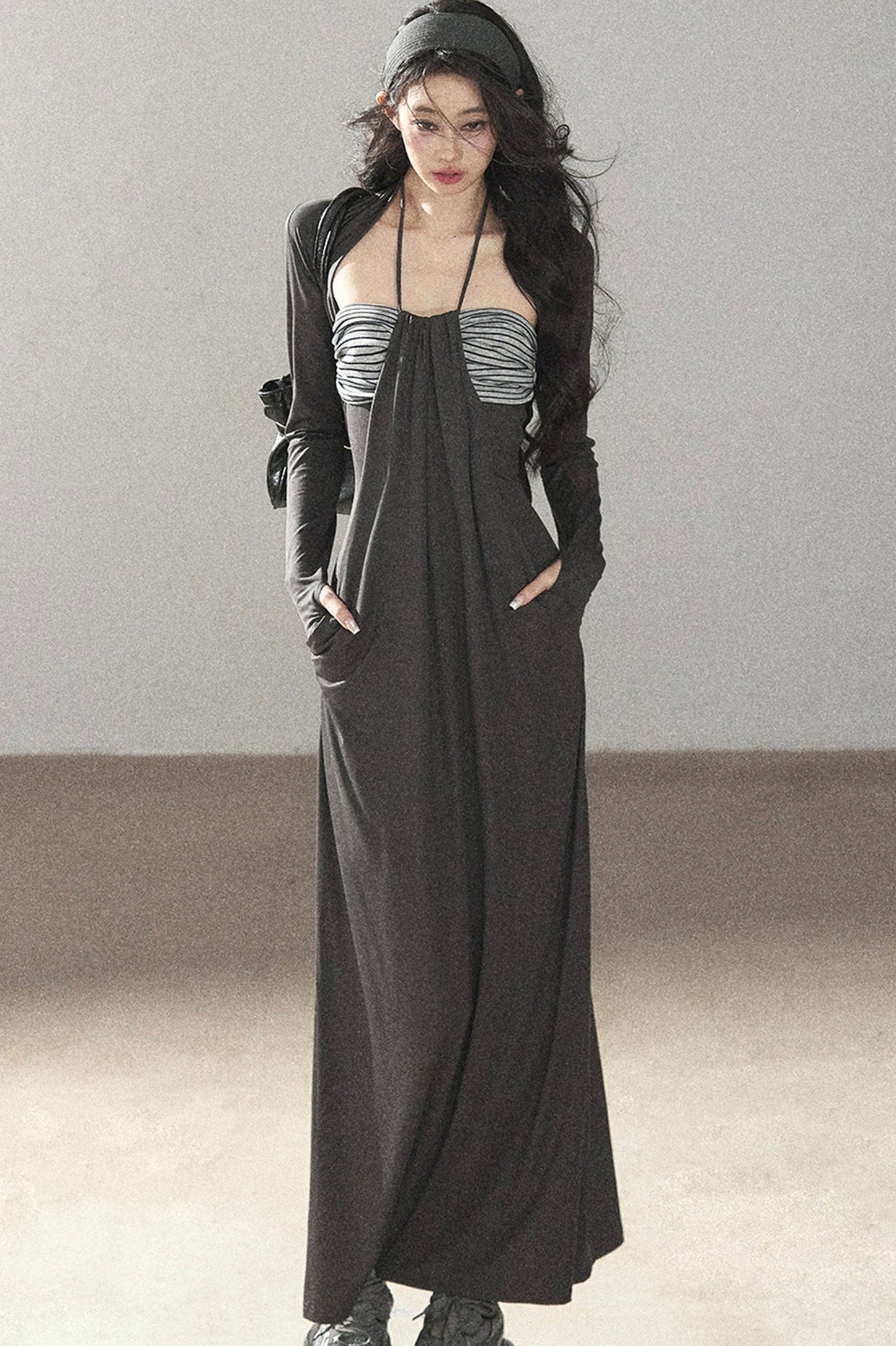 Shawl and Striped Long Dress Set-Up
