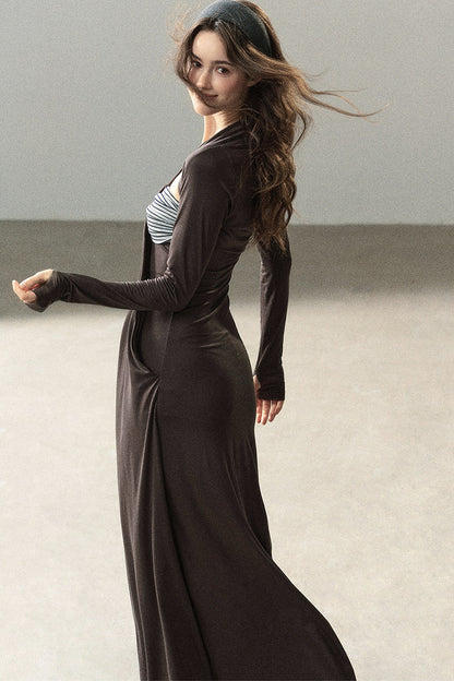 Shawl and Striped Long Dress Set-Up