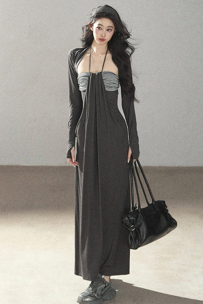 Shawl and Striped Long Dress Set-Up
