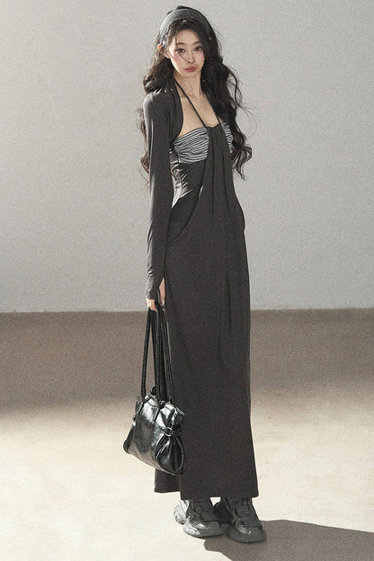 Shawl and Striped Long Dress Set-Up