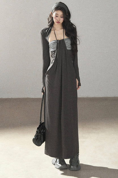 Shawl and Striped Long Dress Set-Up