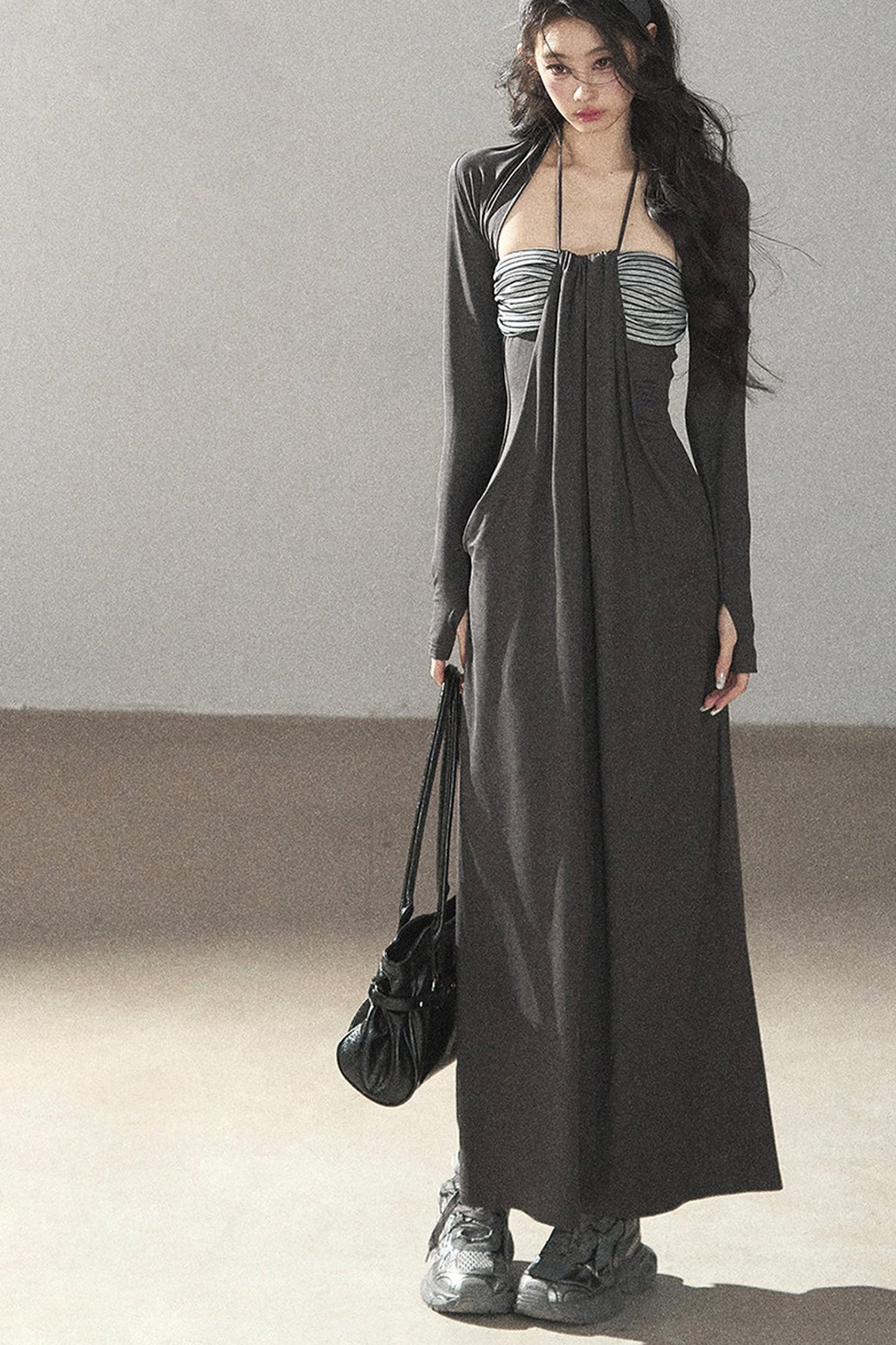 Shawl and Striped Long Dress Set-Up