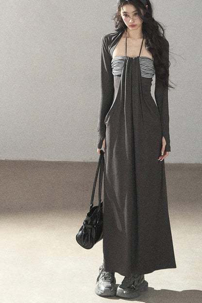 Shawl and Striped Long Dress Set-Up