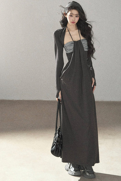 Shawl and Striped Long Dress Set-Up