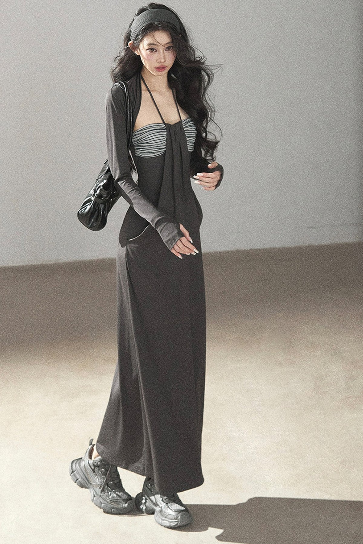 Shawl and Striped Long Dress Set-Up