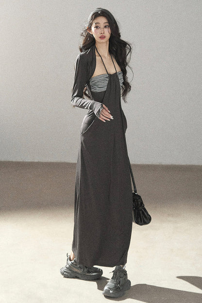Shawl and Striped Long Dress Set-Up