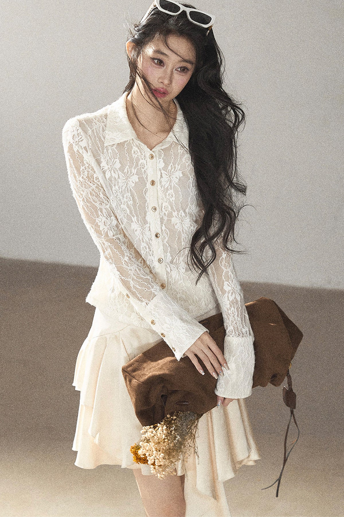 Vine Texture Hollow-Out Lace Polo Shirt