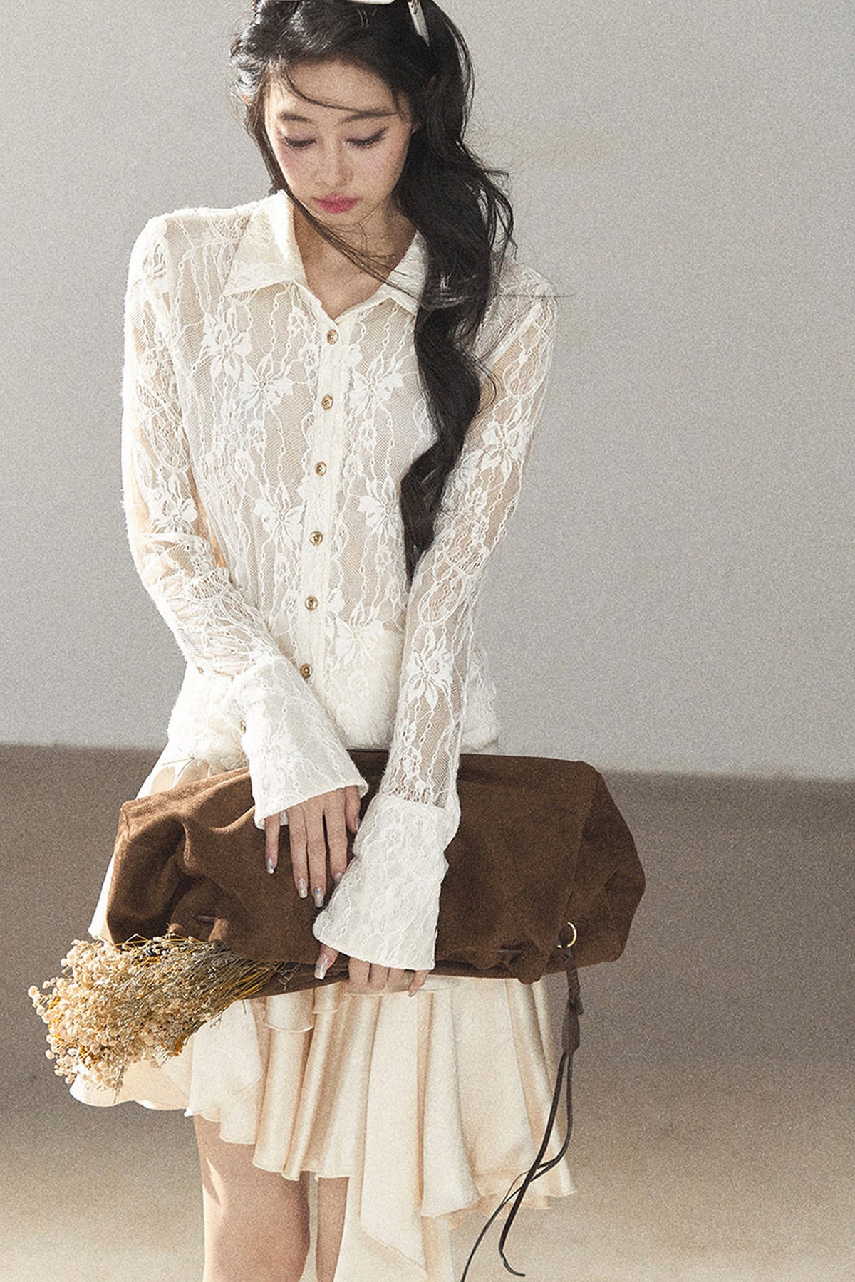 Vine Texture Hollow-Out Lace Polo Shirt