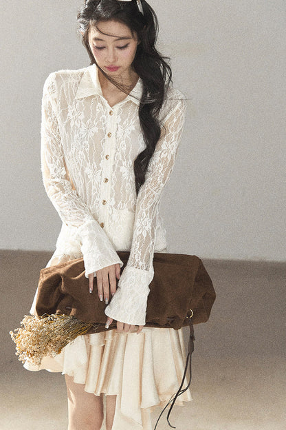 Vine Texture Hollow-Out Lace Polo Shirt