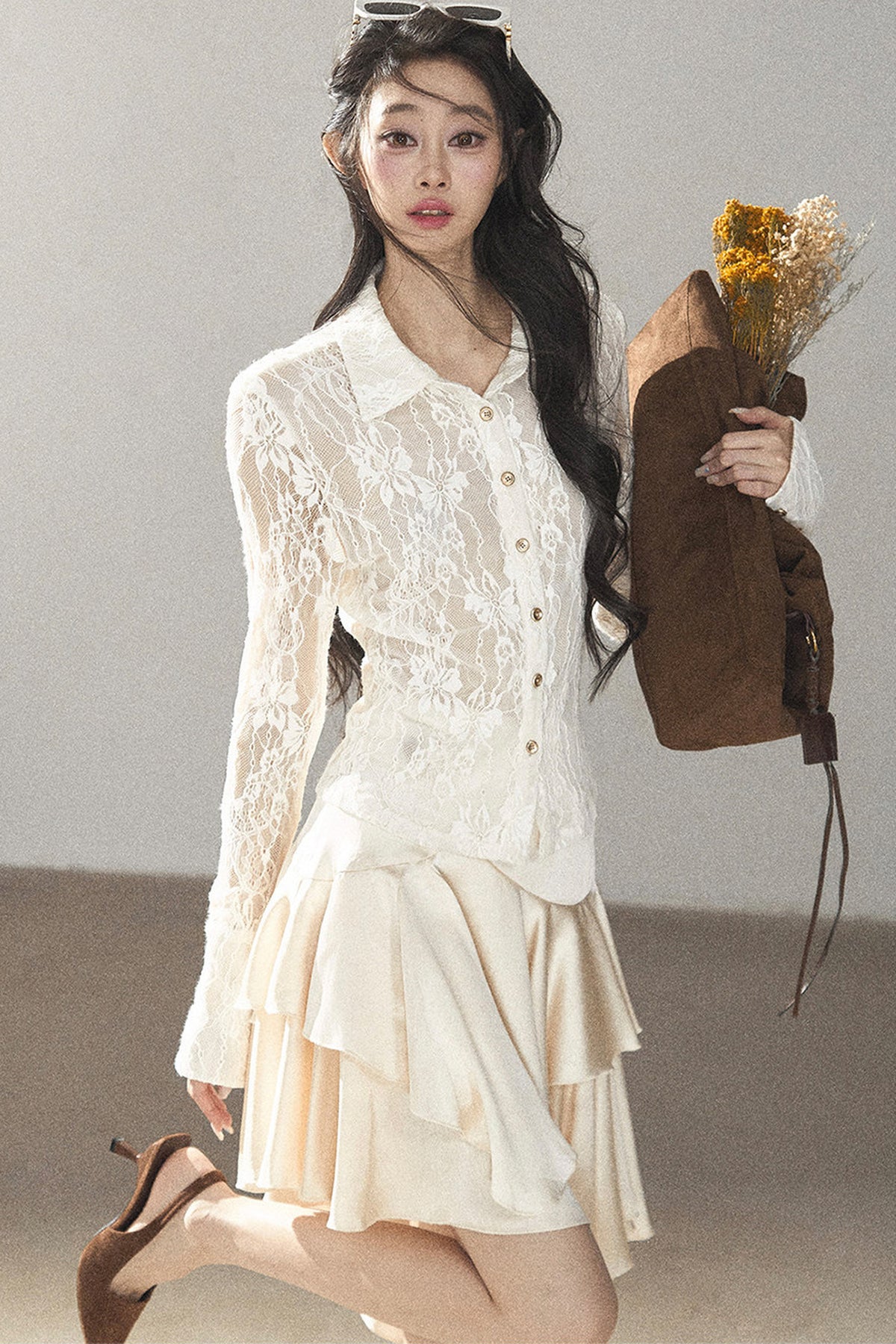 Vine Texture Hollow-Out Lace Polo Shirt