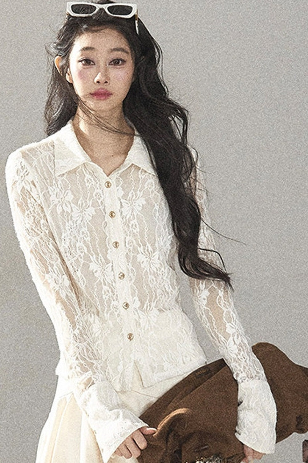 Vine Texture Hollow-Out Lace Polo Shirt