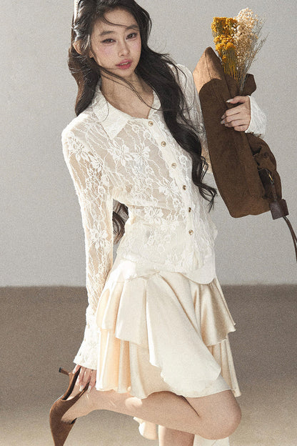 Vine Texture Hollow-Out Lace Polo Shirt
