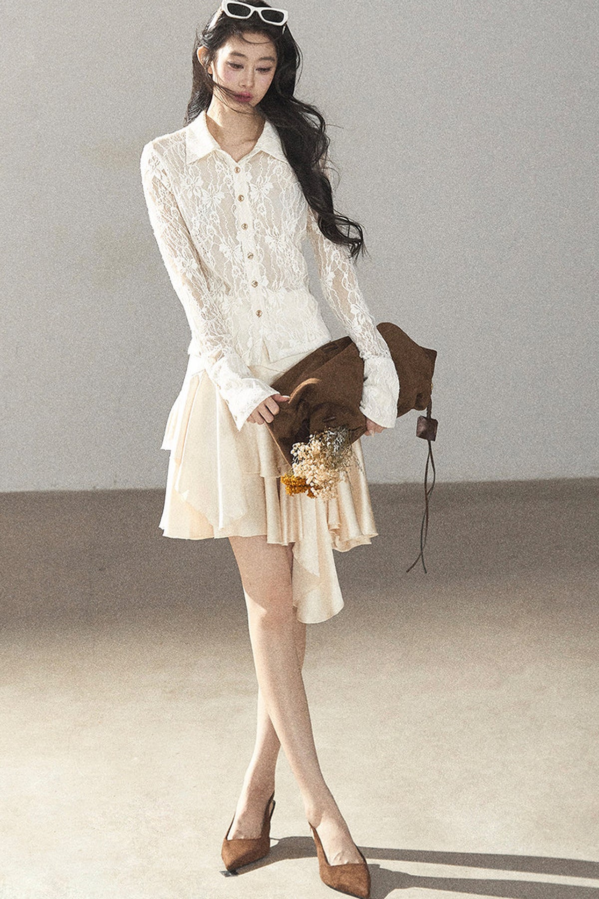 Vine Texture Hollow-Out Lace Polo Shirt