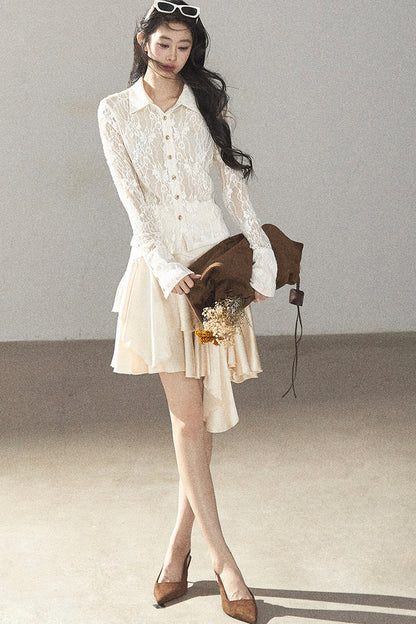 Vine Texture Hollow-Out Lace Polo Shirt