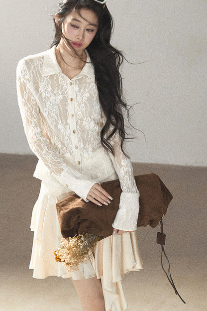 Vine Texture Hollow-Out Lace Polo Shirt