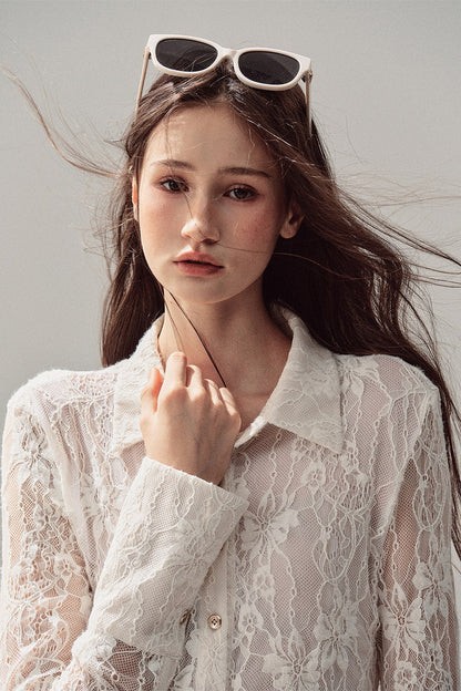 Vine Texture Hollow-Out Lace Polo Shirt