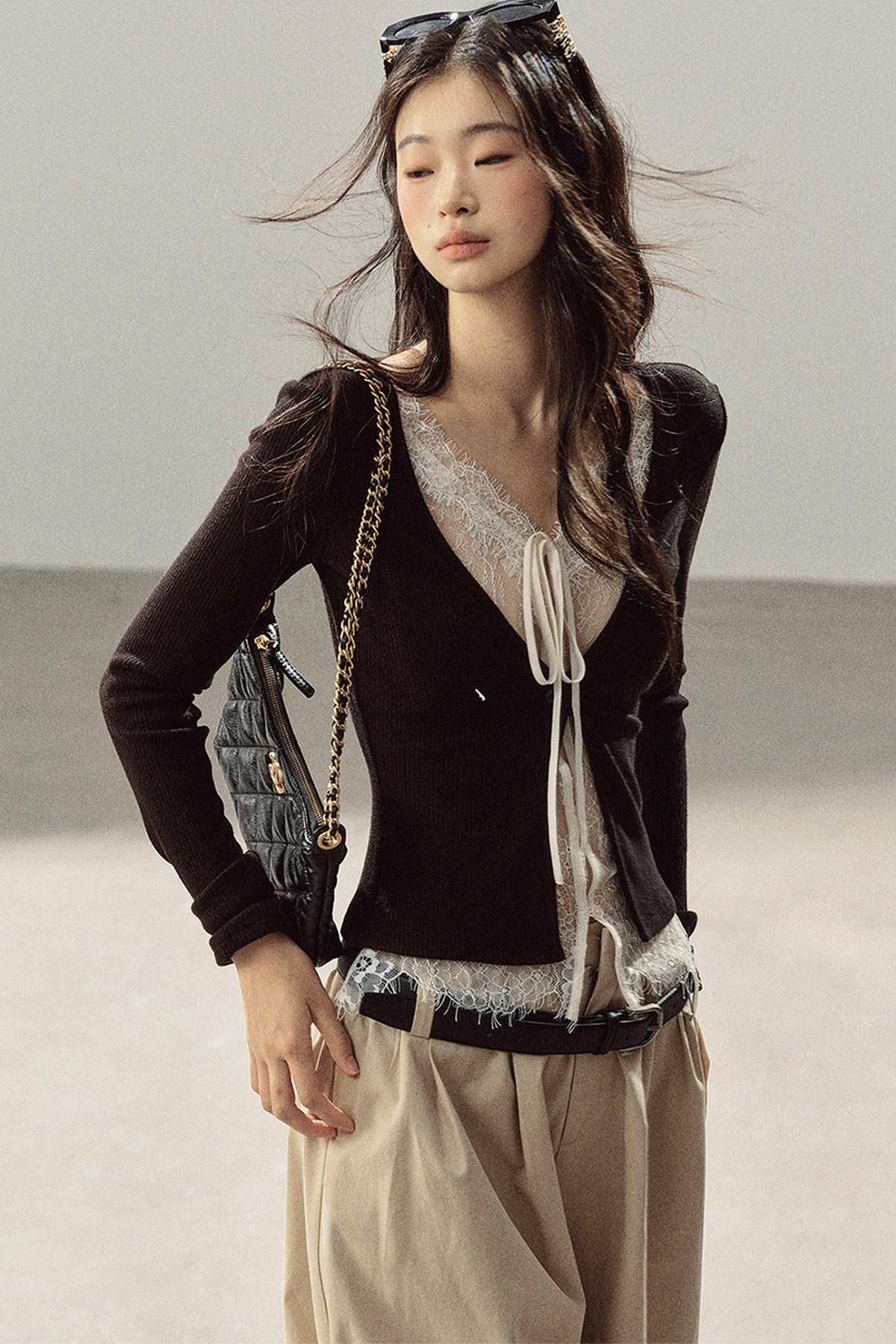 Layered-Look Lace Knit Top