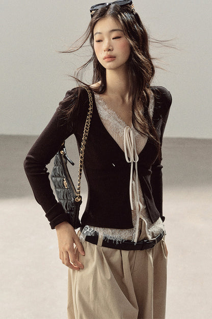 Layered-Look Lace Knit Top