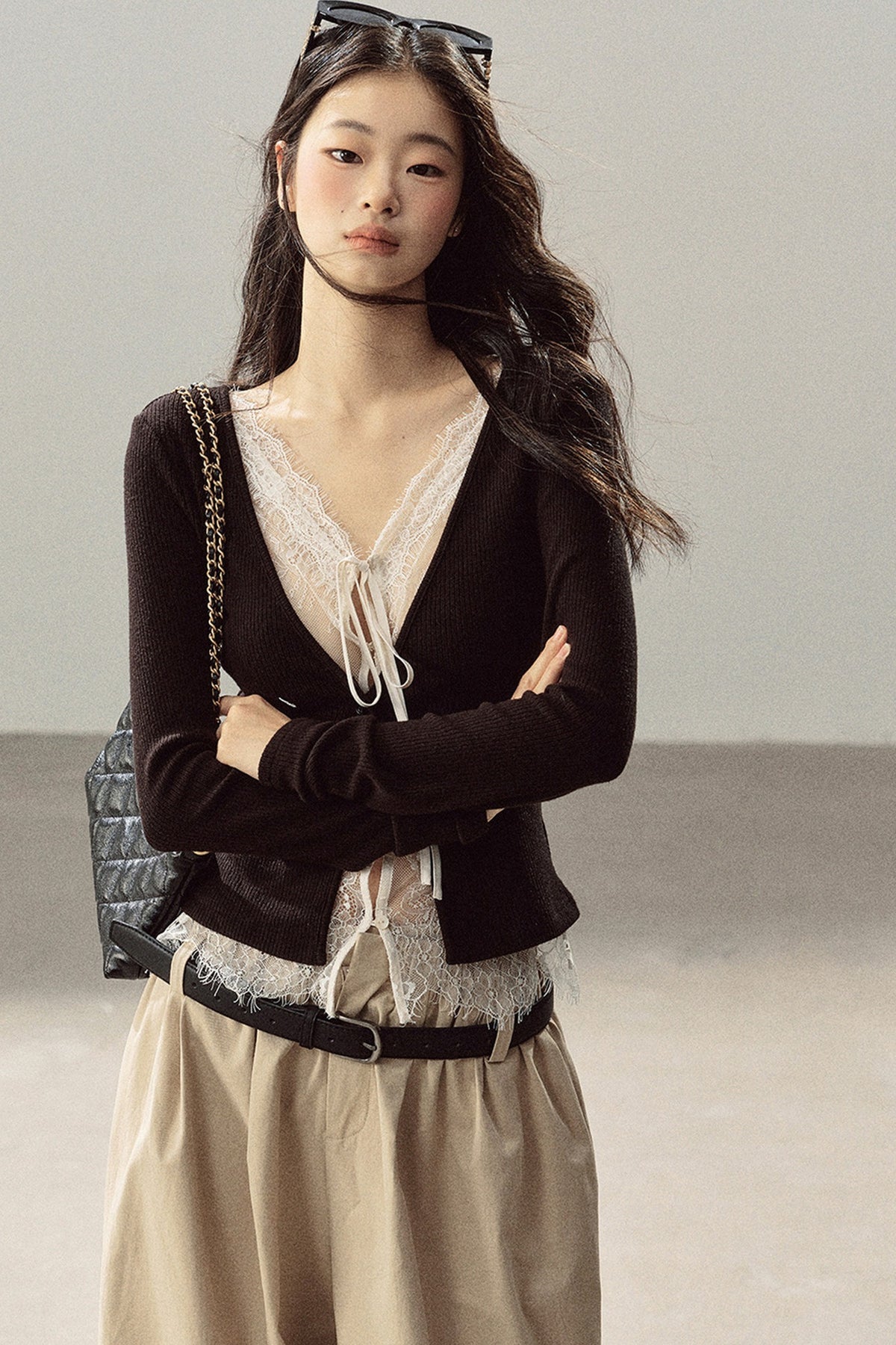 Layered-Look Lace Knit Top