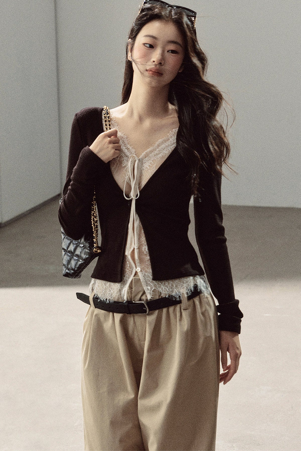 Layered-Look Lace Knit Top
