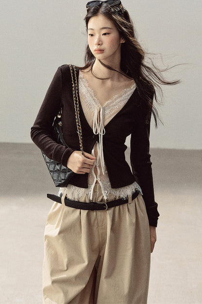 Layered-Look Lace Knit Top