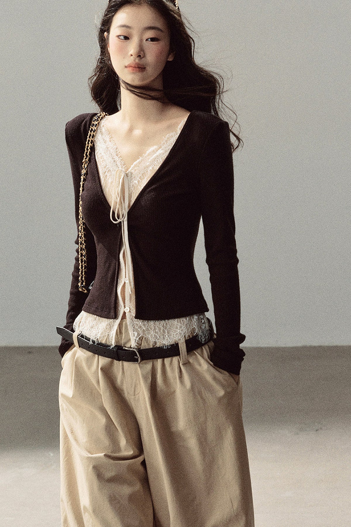 Layered-Look Lace Knit Top