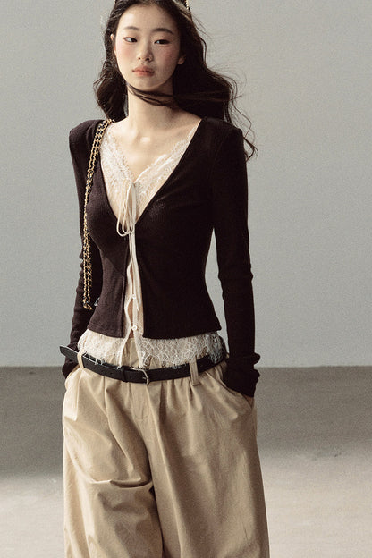 Layered-Look Lace Knit Top