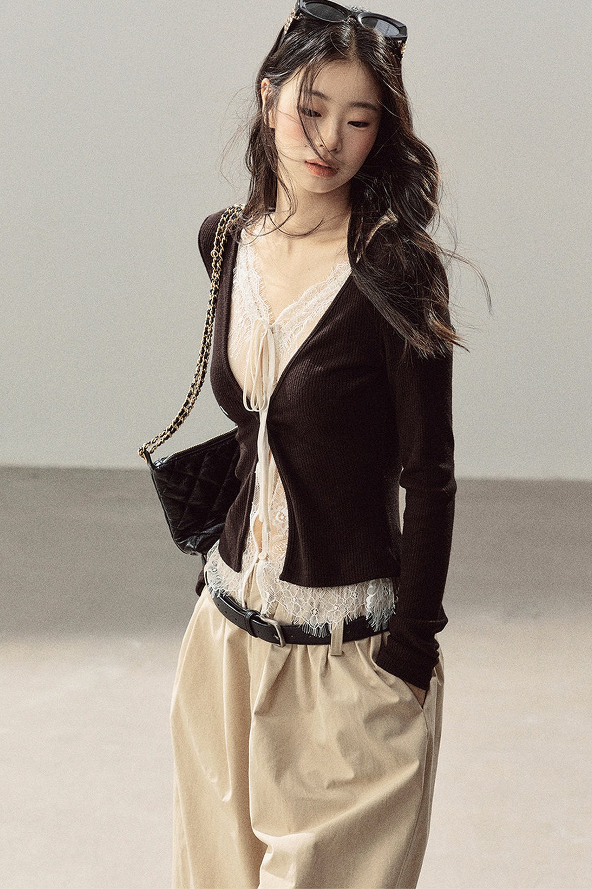 Layered-Look Lace Knit Top