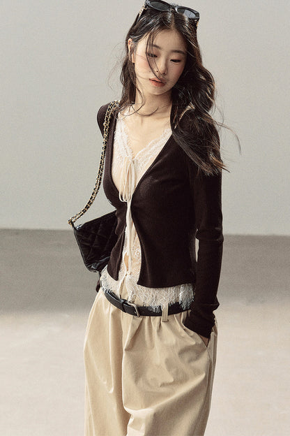 Layered-Look Lace Knit Top