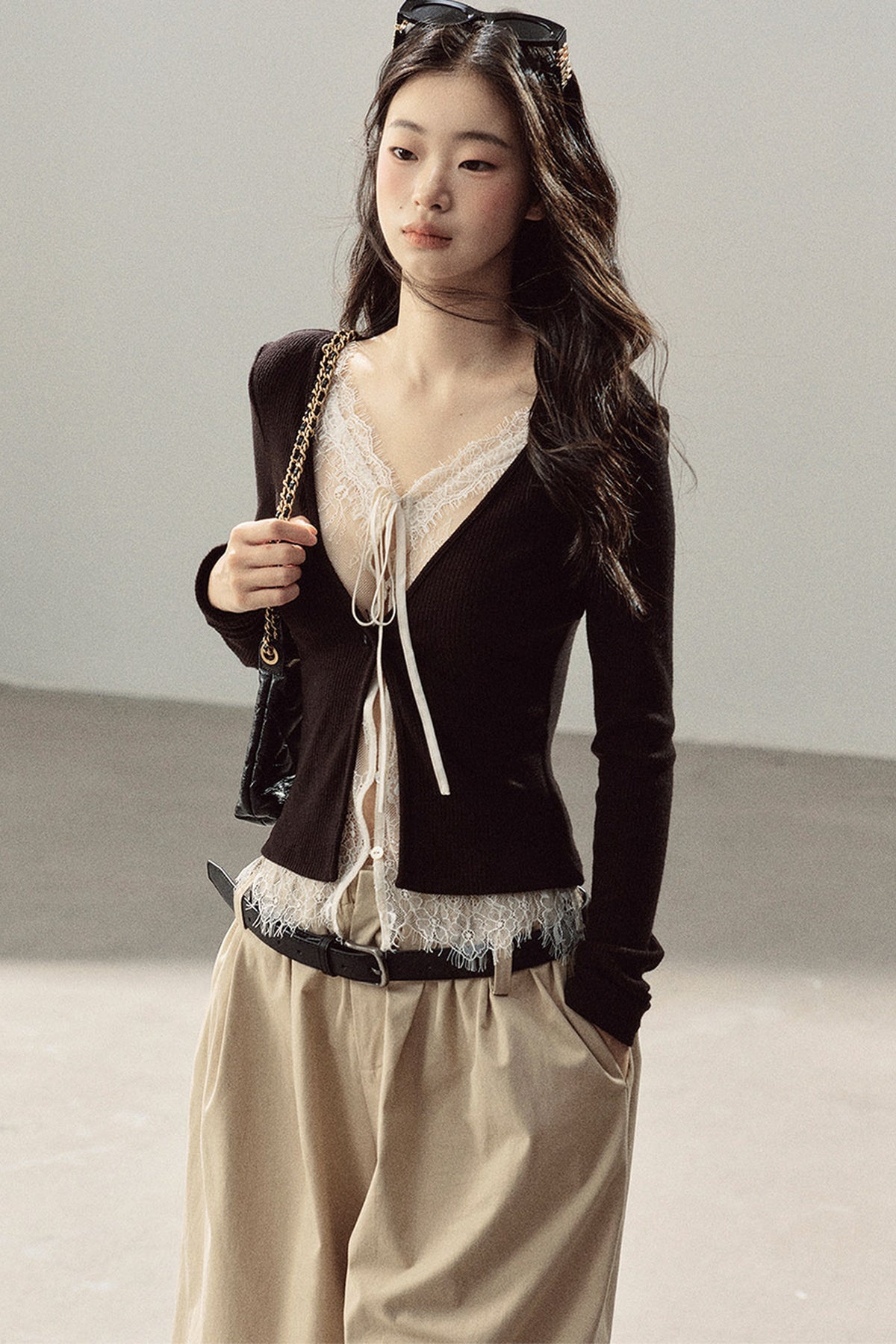 Layered-Look Lace Knit Top